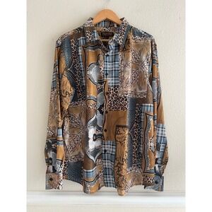 Pavini Vtg Mens L Button Down Shirt Brown Baroque Patchwork Print Long Sleeve
